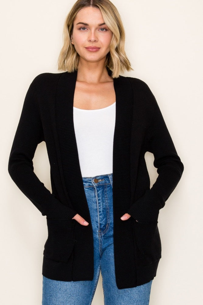 Black Mini Waffle Knit Sweater Cardigan