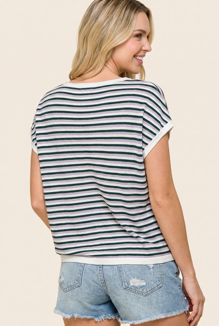 woman wearing a striped short sleeve top and denim shorts, shown from the back