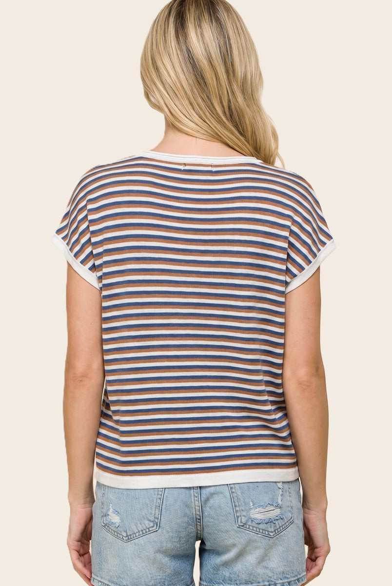 Navy Striped Short Sleeve Sweater Top
