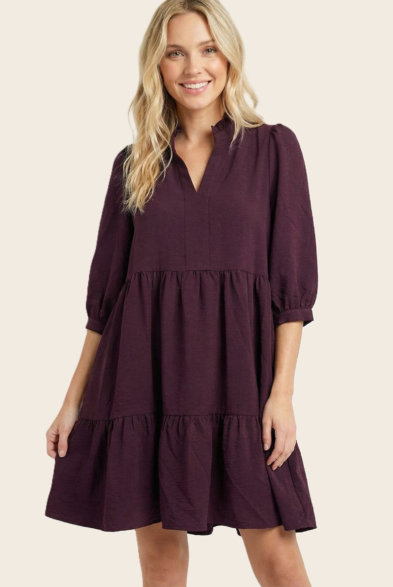 Eggplant Ruffle Split Neck Tiered Dress