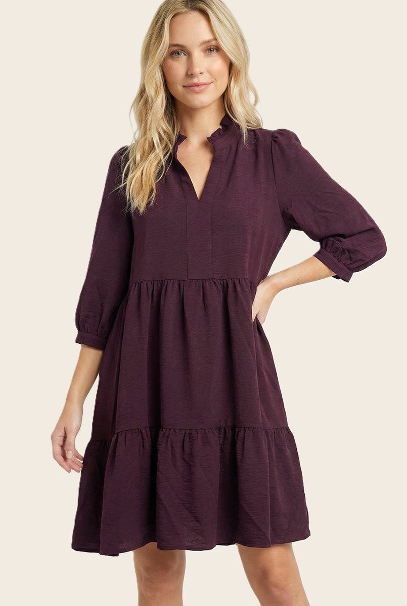 Eggplant Ruffle Split Neck Tiered Dress