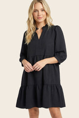 Black Ruffle Split Neck Tiered Dress