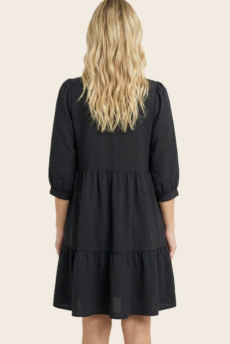 Black Ruffle Split Neck Tiered Dress