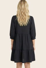 Black Ruffle Split Neck Tiered Dress