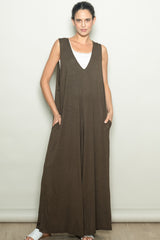 Dark Olive Deep V Sleeveless Wide Leg Jumpsuit