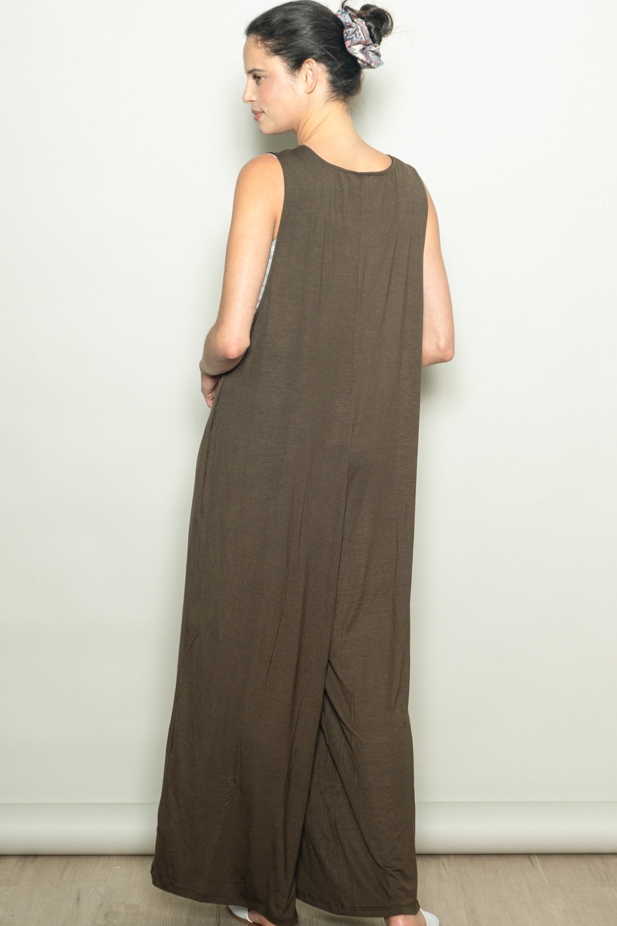 Dark Olive Deep V Sleeveless Wide Leg Jumpsuit