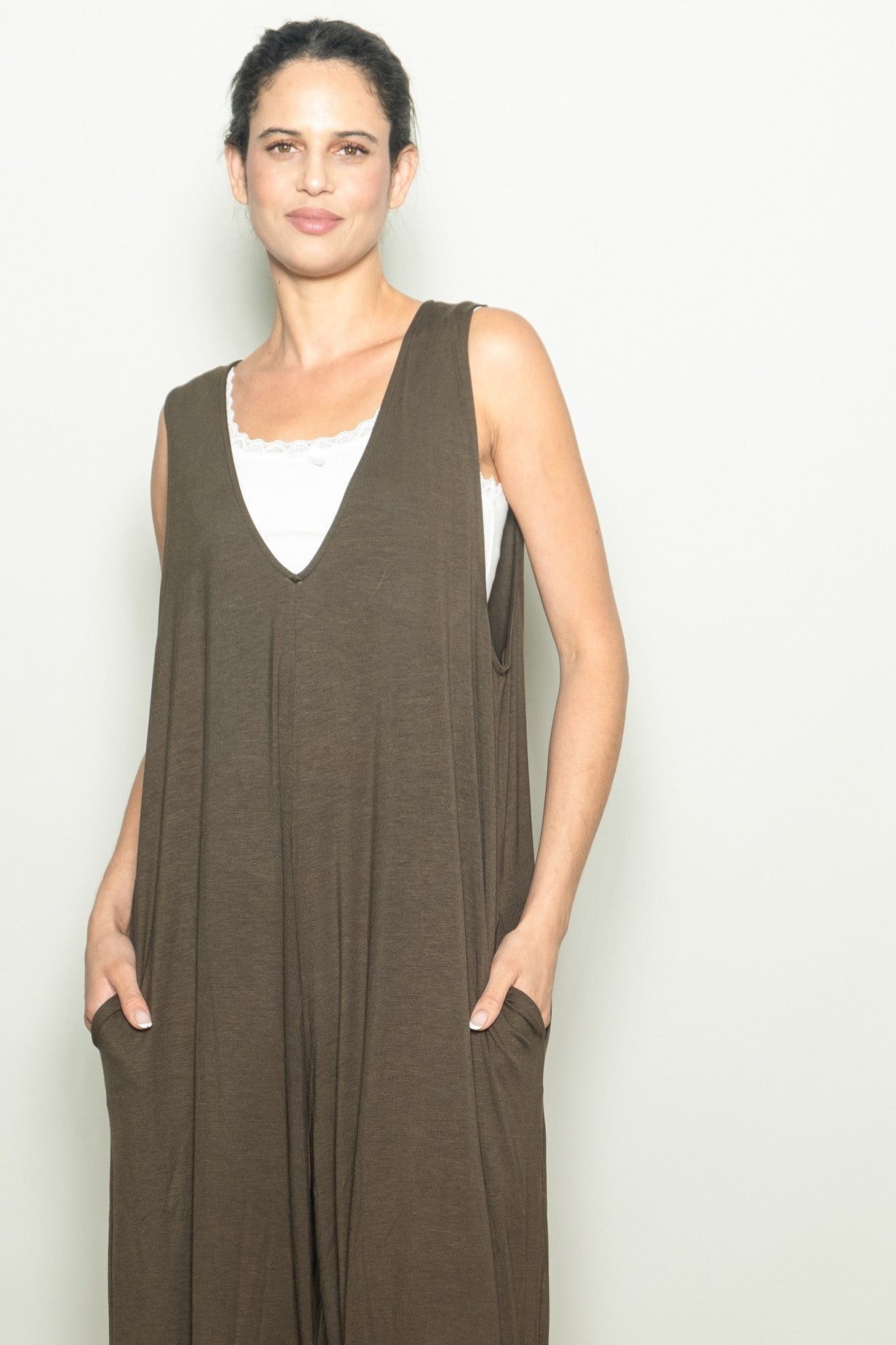 Dark Olive Deep V Sleeveless Wide Leg Jumpsuit