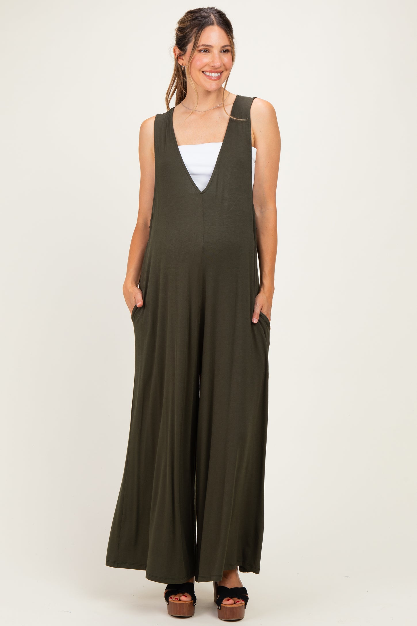 Dark Olive Deep V Sleeveless Wide Leg Maternity Jumpsuit