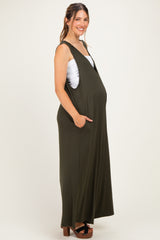 Dark Olive Deep V Sleeveless Wide Leg Maternity Jumpsuit