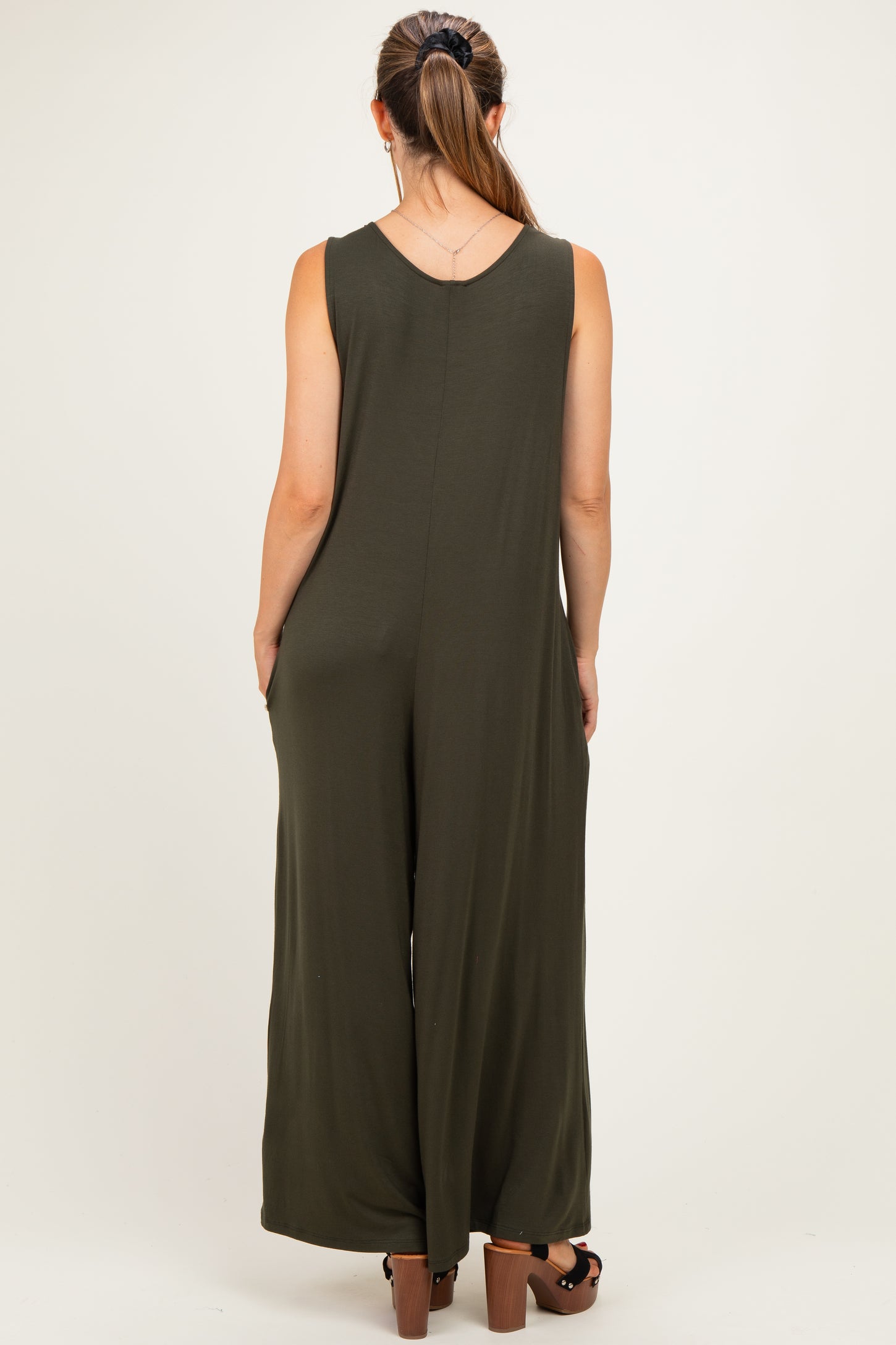 Dark Olive Deep V Sleeveless Wide Leg Maternity Jumpsuit