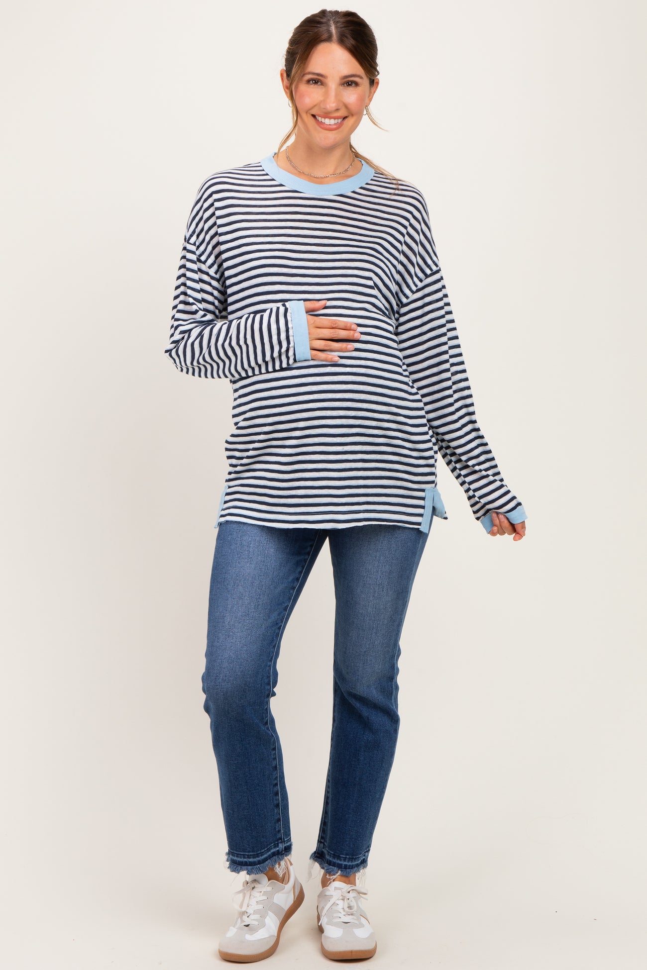 Navy Striped Slub Jersey Oversized Maternity Long Sleeve