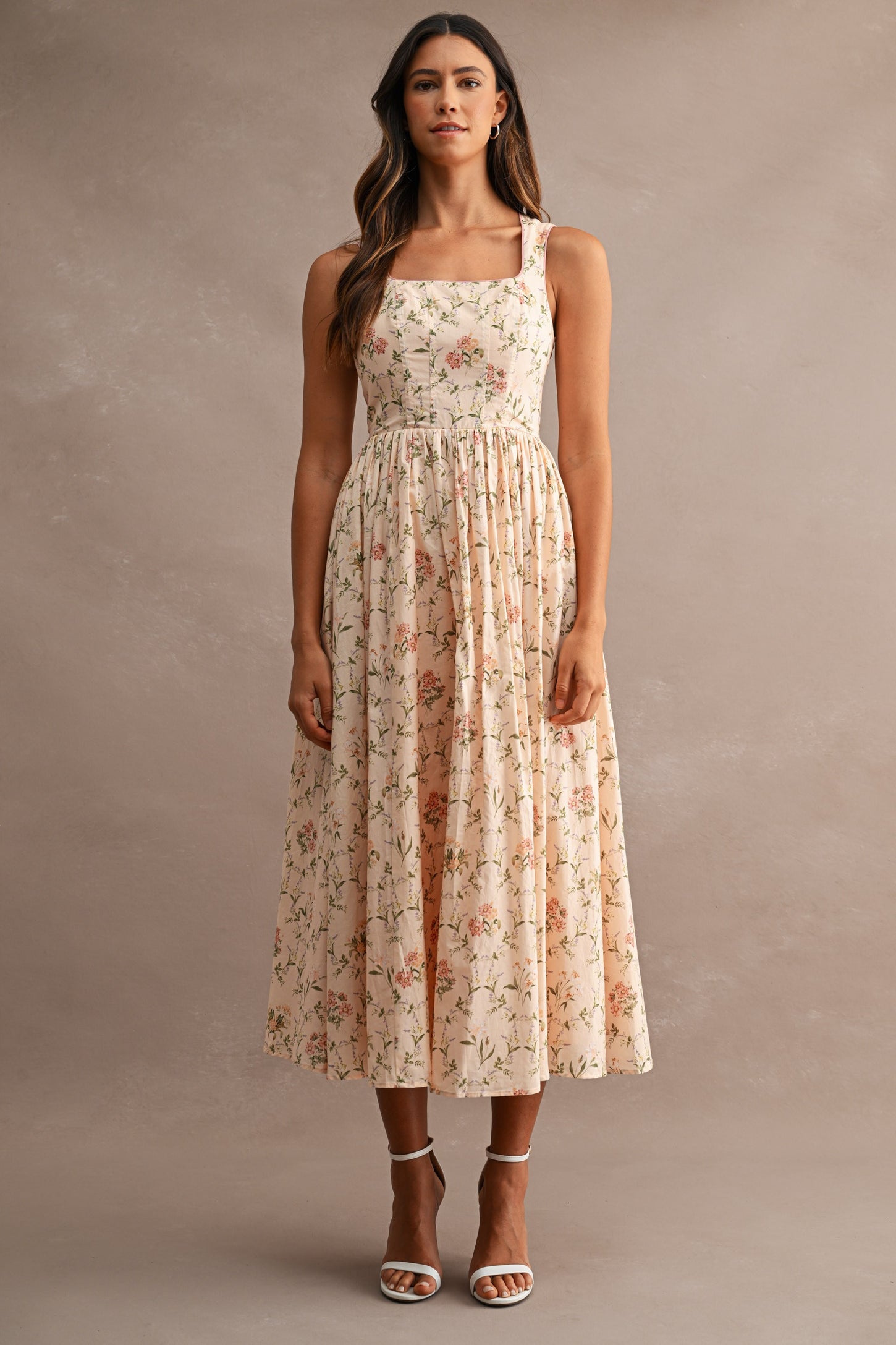 Peach Floral Sleeveless Square Neck Midi Dress