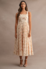 Peach Floral Sleeveless Square Neck Midi Dress