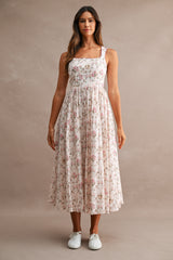 Rose Floral Sleeveless Square Neck Midi Dress