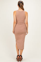 Warm Taupe Ruched Maternity Midi Tank Dress