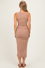 Warm Taupe Ruched Midi Tank Dress