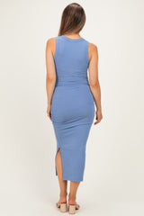 Blue Ruched Maternity Midi Tank Dress