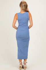 Blue Ruched Midi Tank Dress