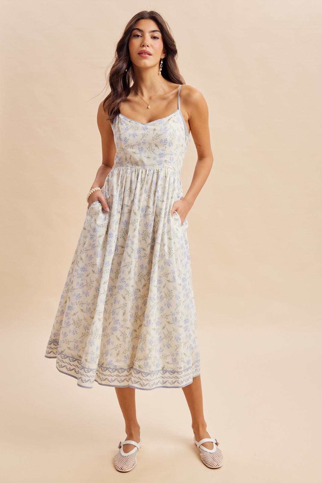 French Blue Floral Embroidered Hem Maternity Midi Dress