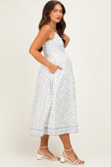 French Blue Floral Embroidered Hem Maternity Midi Dress