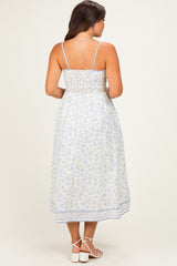 French Blue Floral Embroidered Hem Maternity Midi Dress
