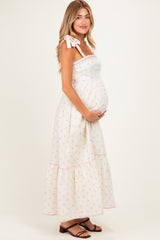 Creme Peony Floral Shoulder Tie Maternity Maxi Dress