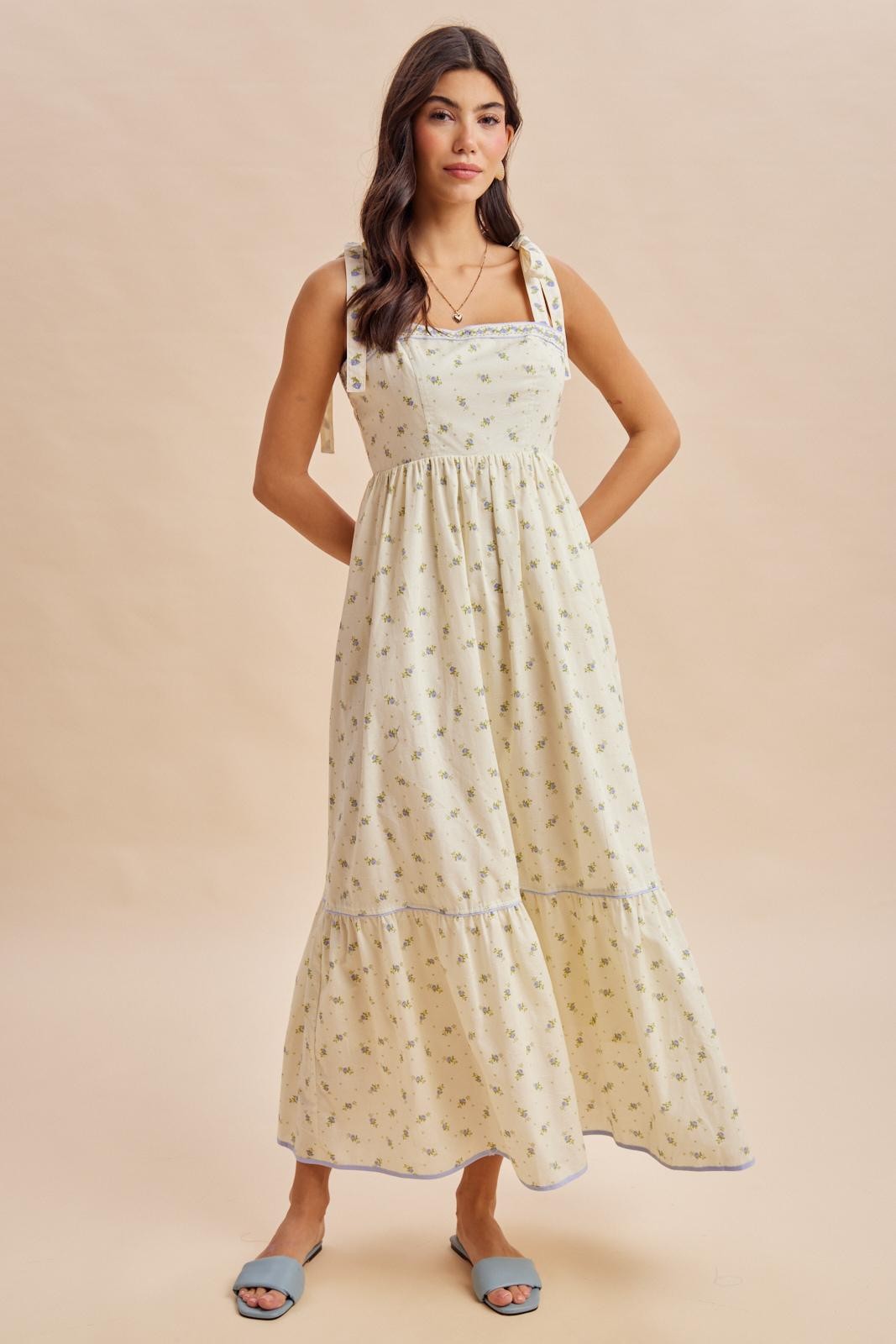 Creme Blue Floral Shoulder Tie Maxi Dress