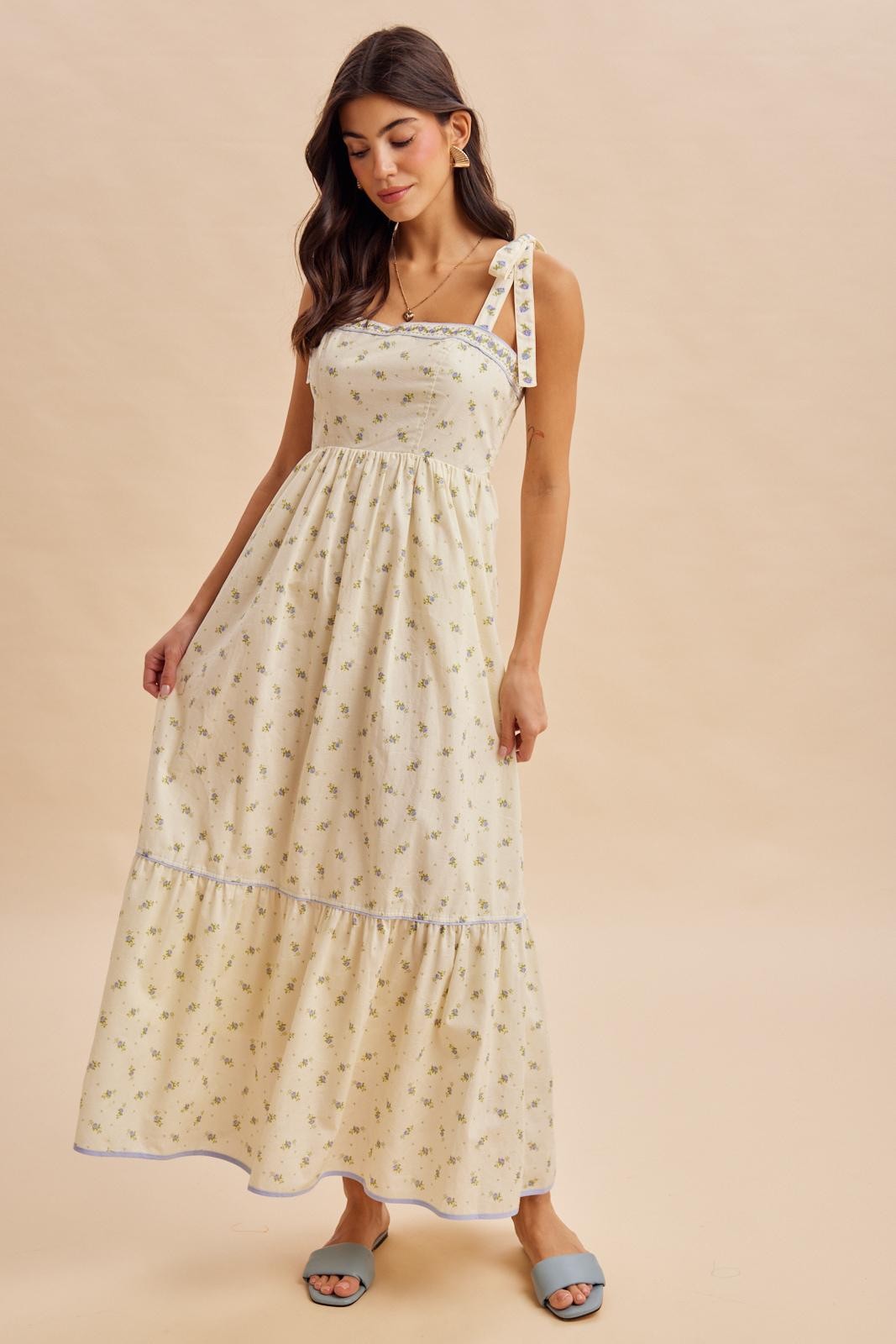 Creme Blue Floral Shoulder Tie Maternity Maxi Dress