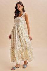 Creme Blue Floral Shoulder Tie Maxi Dress