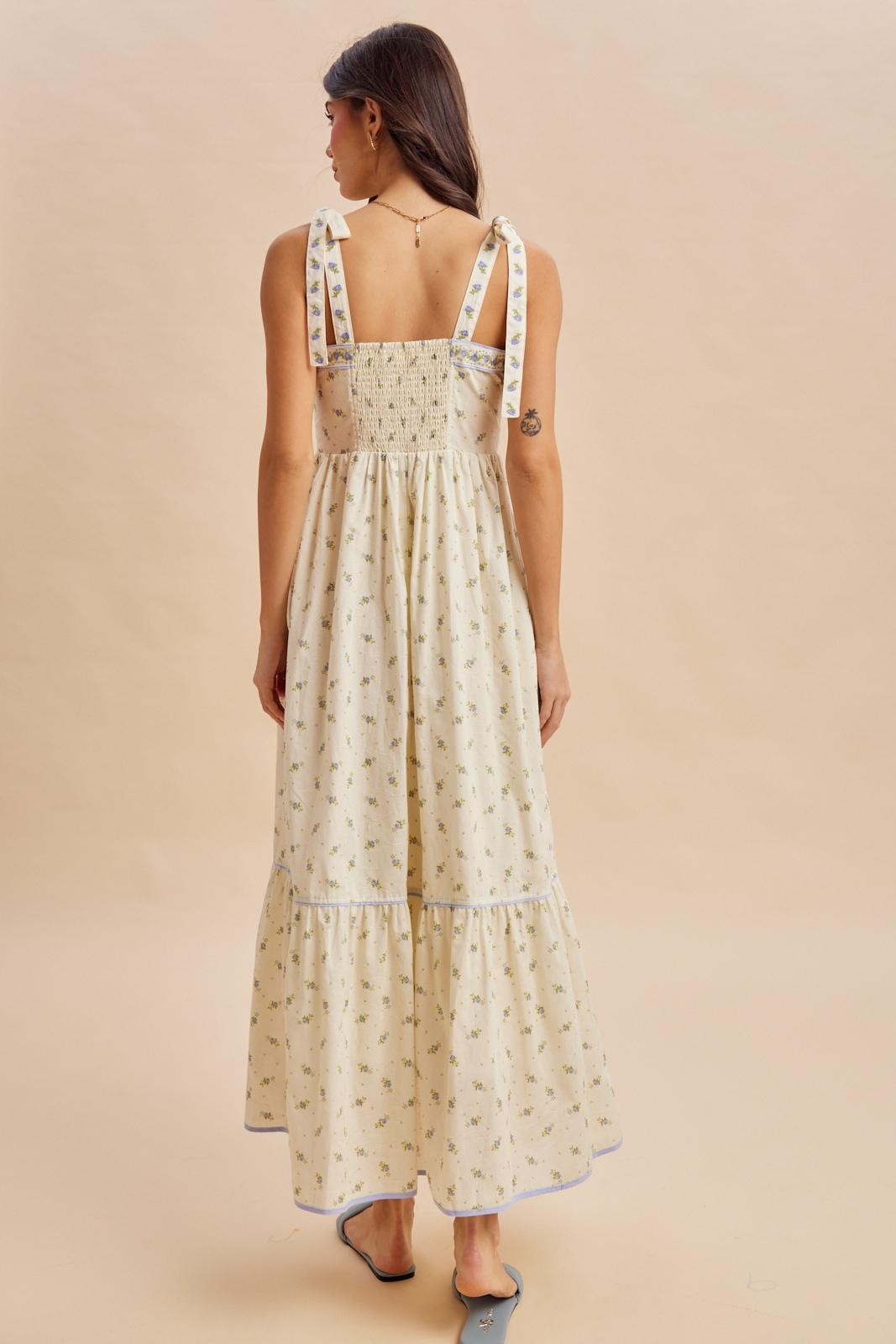 Creme Blue Floral Shoulder Tie Maxi Dress