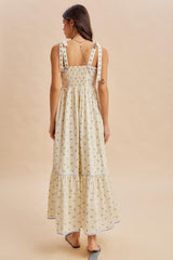 Creme Blue Floral Shoulder Tie Maxi Dress