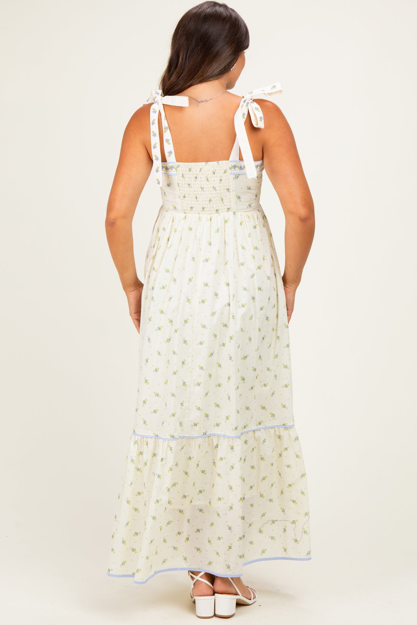 Creme Blue Floral Shoulder Tie Maternity Maxi Dress