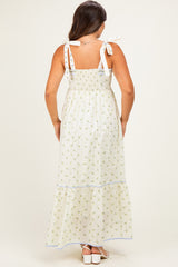 Creme Blue Floral Shoulder Tie Maternity Maxi Dress