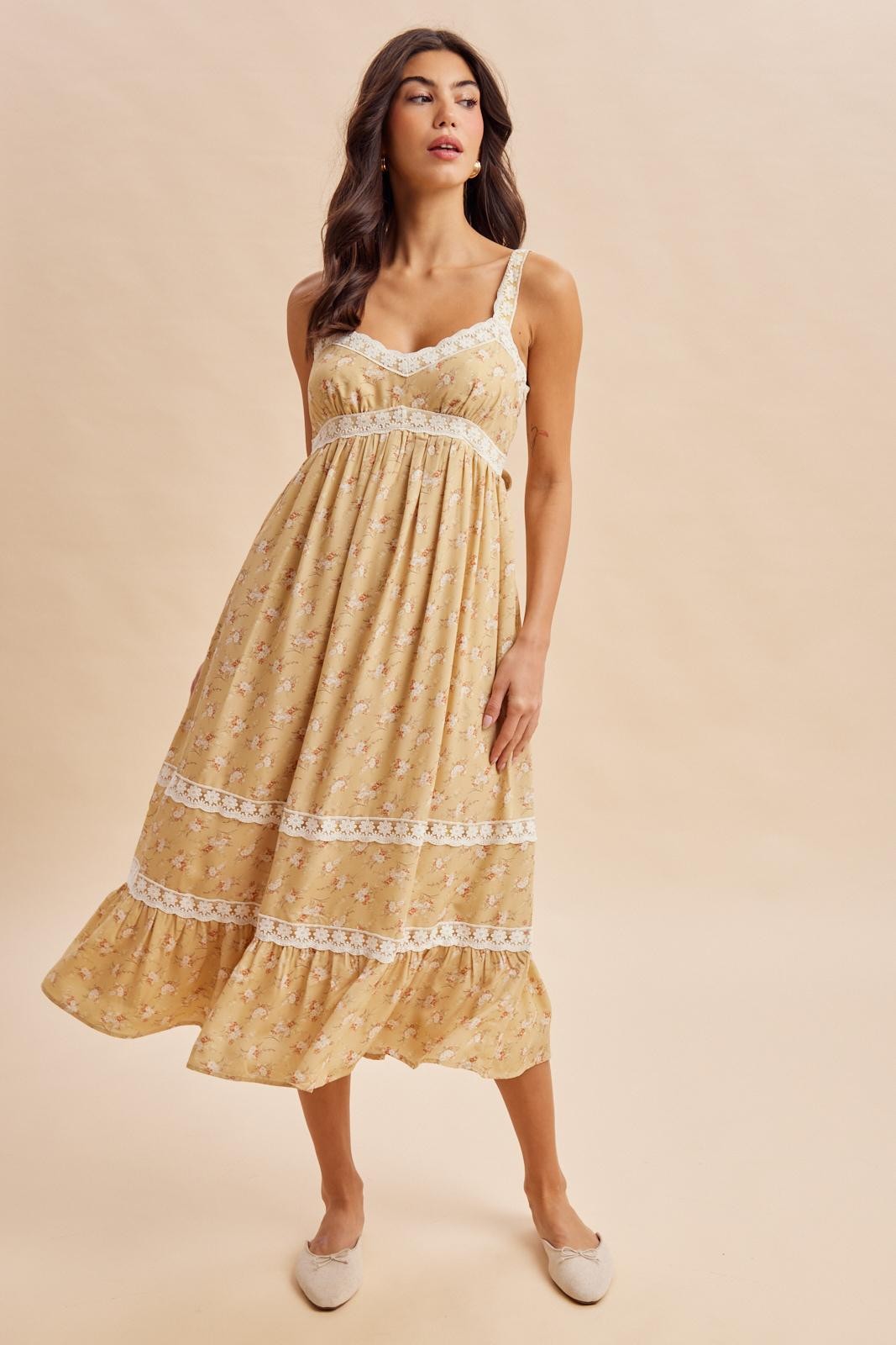 Sunwashed Lemon Lace Floral Tie Back Midi Dress