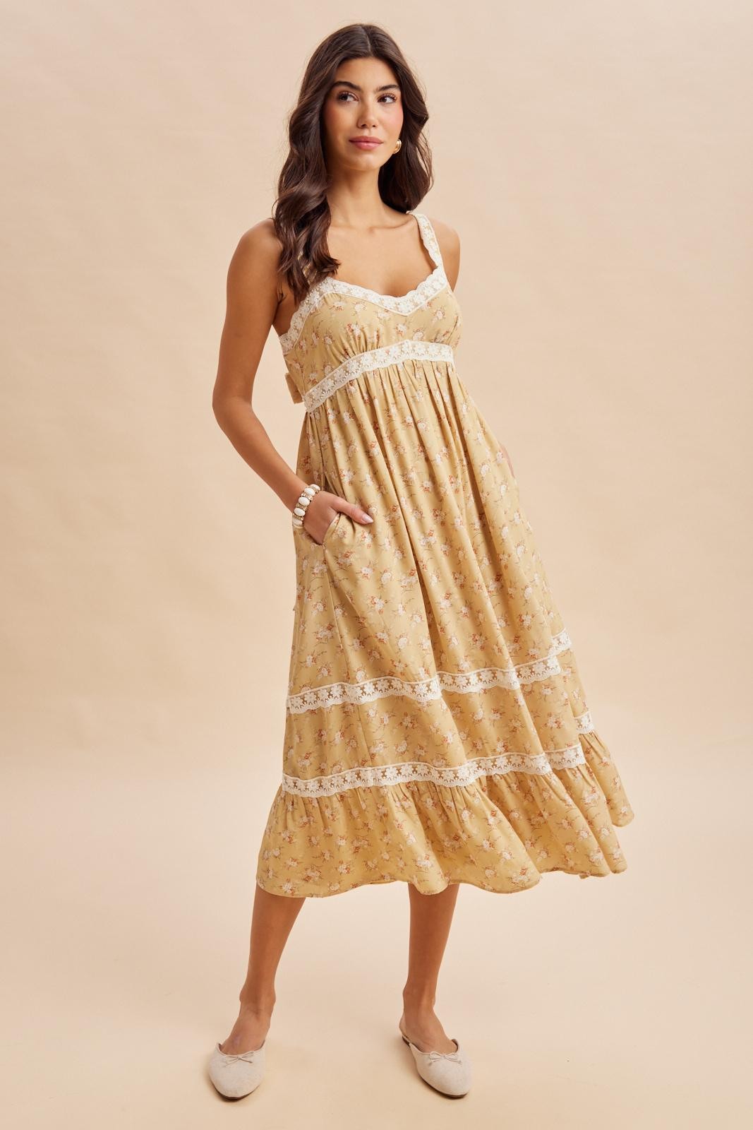 Sunwashed Lemon Lace Floral Tie Back Midi Dress