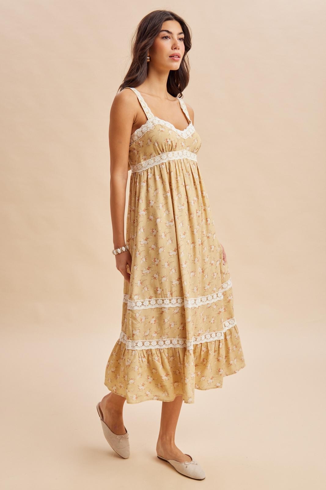 Sunwashed Lemon Lace Floral Tie Back Midi Dress