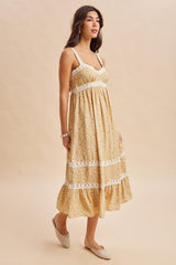 Sunwashed Lemon Lace Floral Tie Back Midi Dress