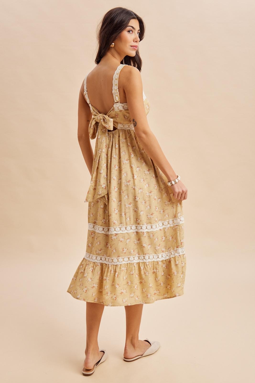 Sunwashed Lemon Lace Floral Tie Back Midi Dress