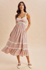 Dusty Pink Lace Floral Tie Back Maternity Midi Dress