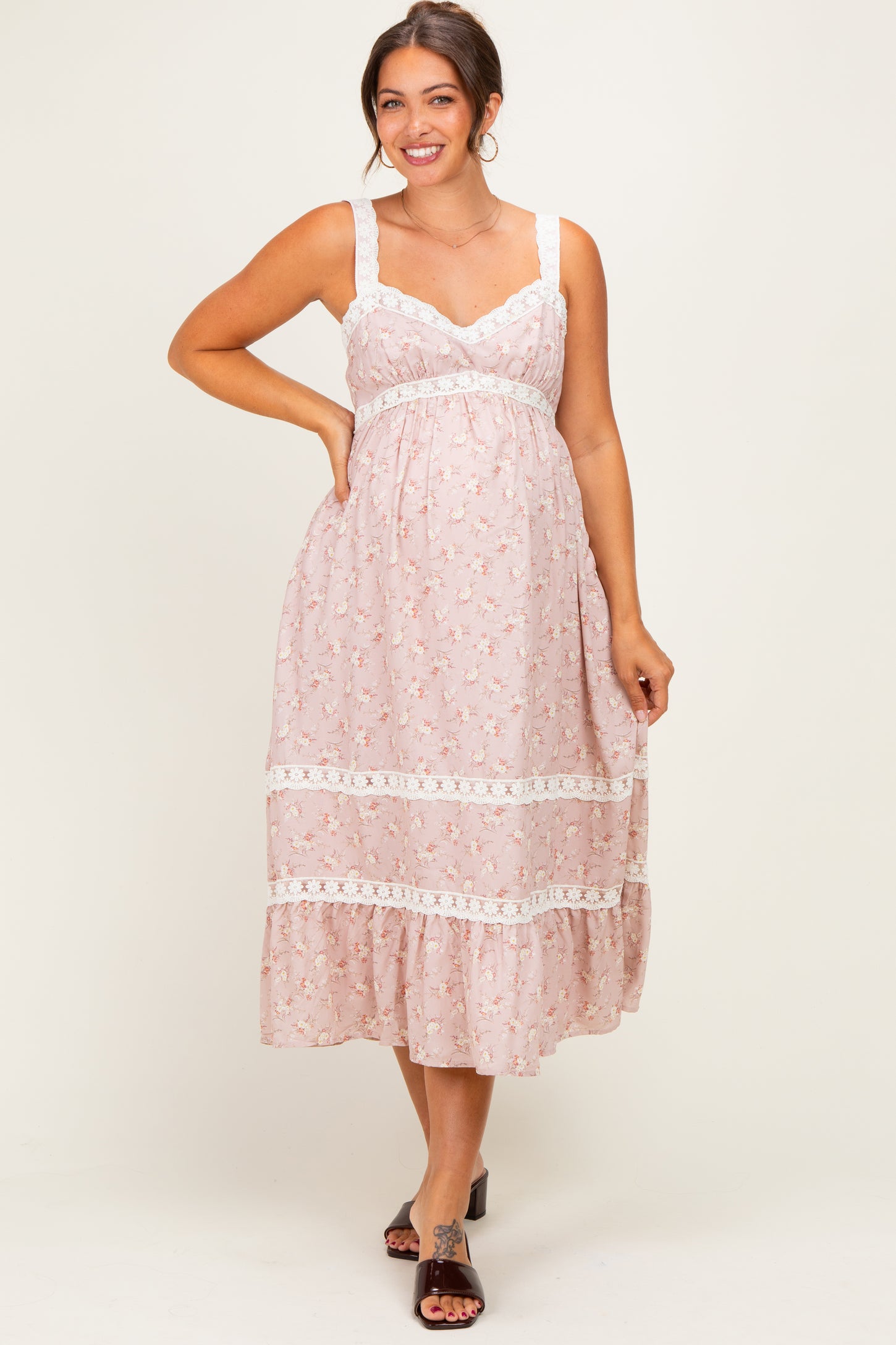 Dusty Pink Lace Floral Tie Back Maternity Midi Dress