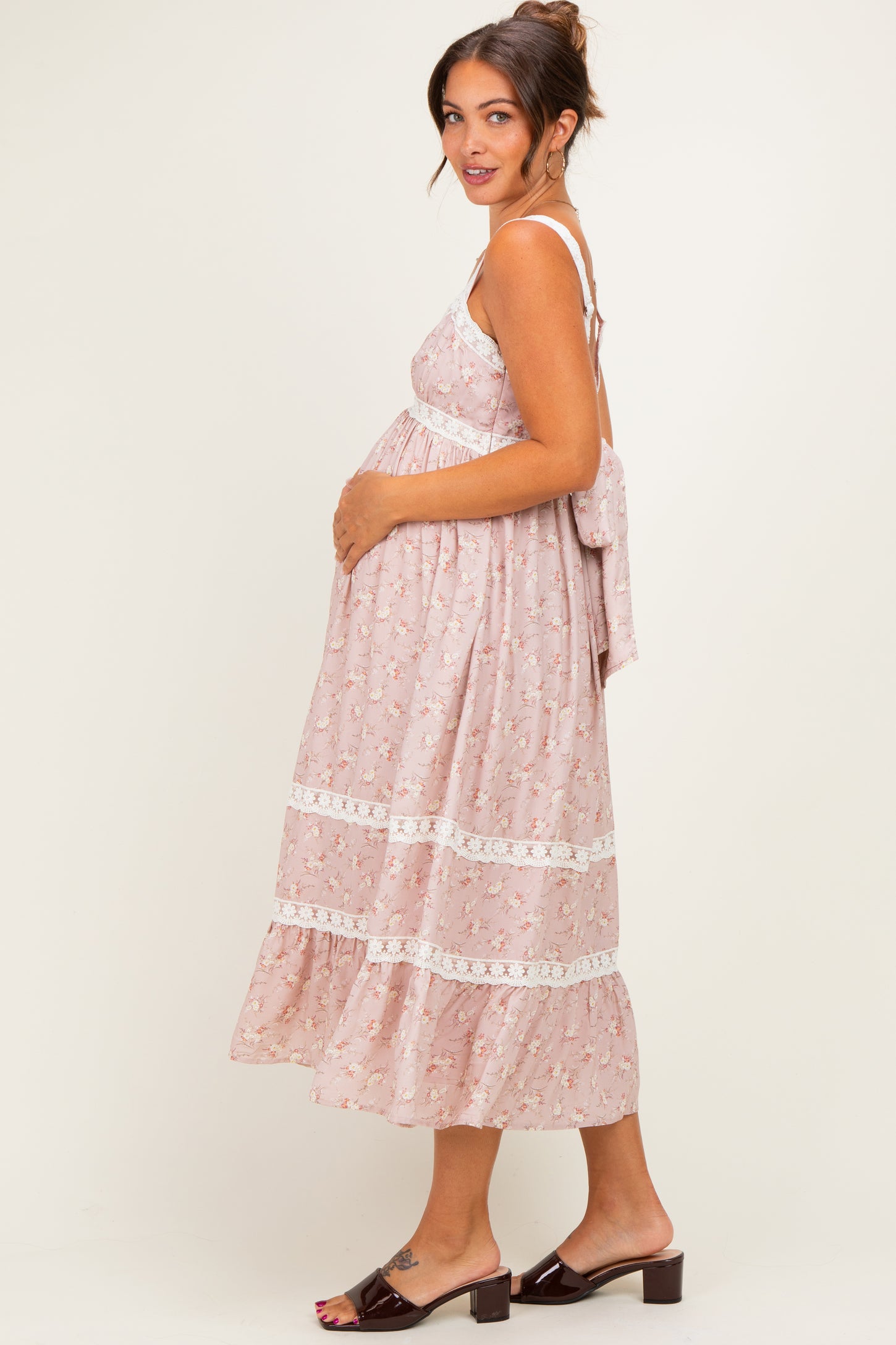Dusty Pink Lace Floral Tie Back Maternity Midi Dress
