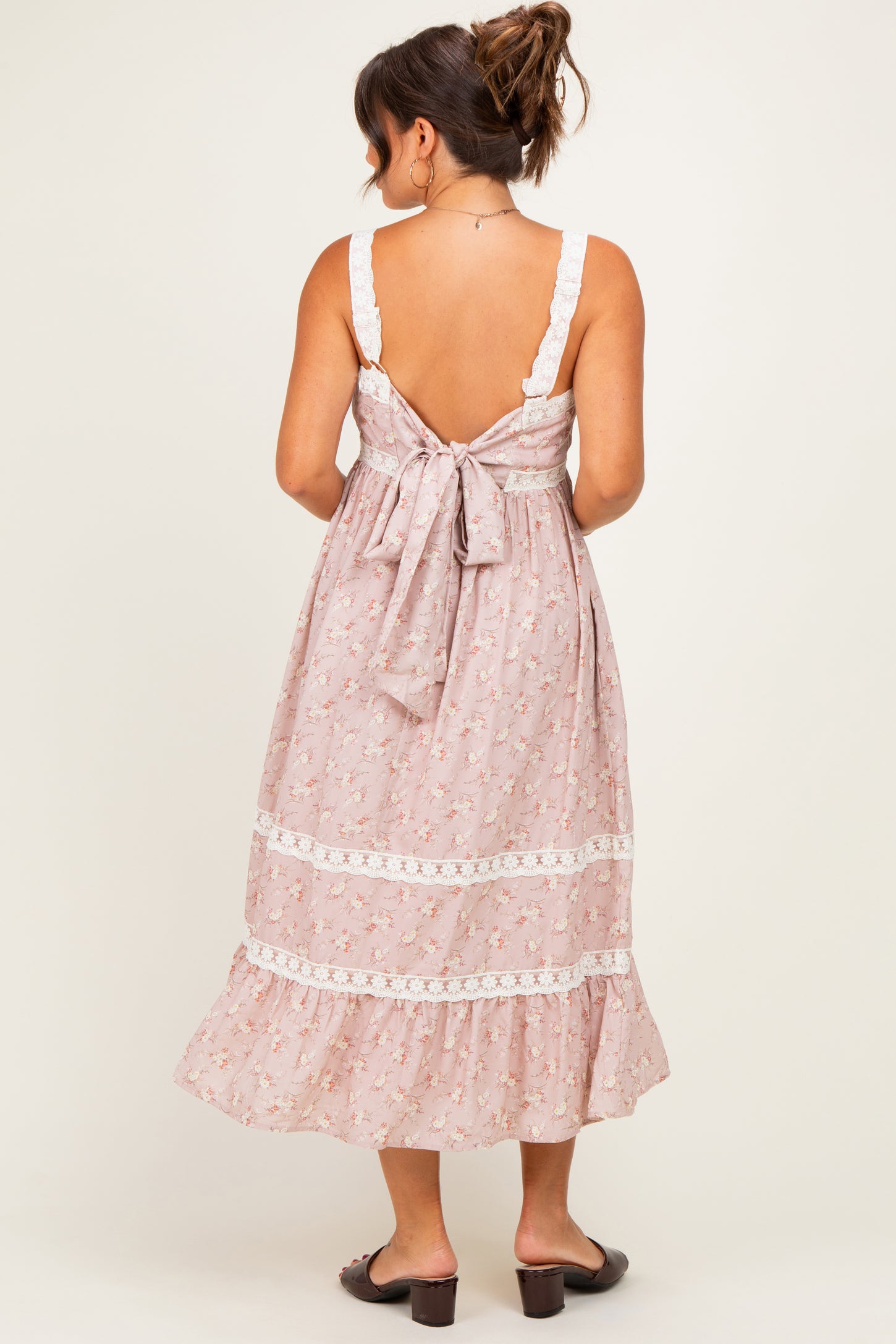 Dusty Pink Lace Floral Tie Back Maternity Midi Dress
