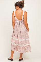 Dusty Pink Lace Floral Tie Back Maternity Midi Dress