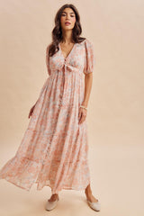 Coral Floral Button Down Front TieMaxi Dress