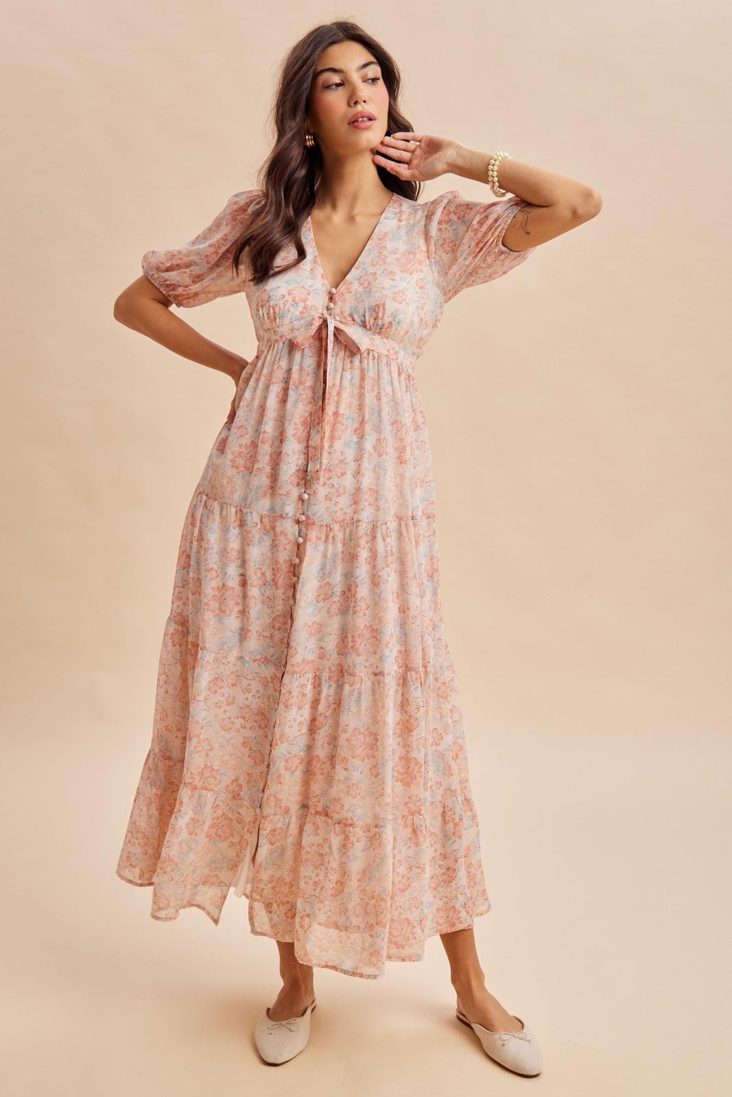 Coral Floral Button Down Front TieMaxi Dress