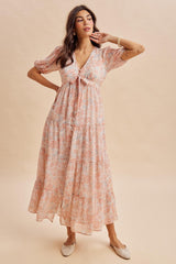 Coral Floral Button Down Front TieMaxi Dress