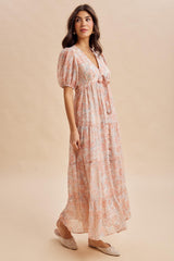 Coral Floral Button Down Front TieMaxi Dress