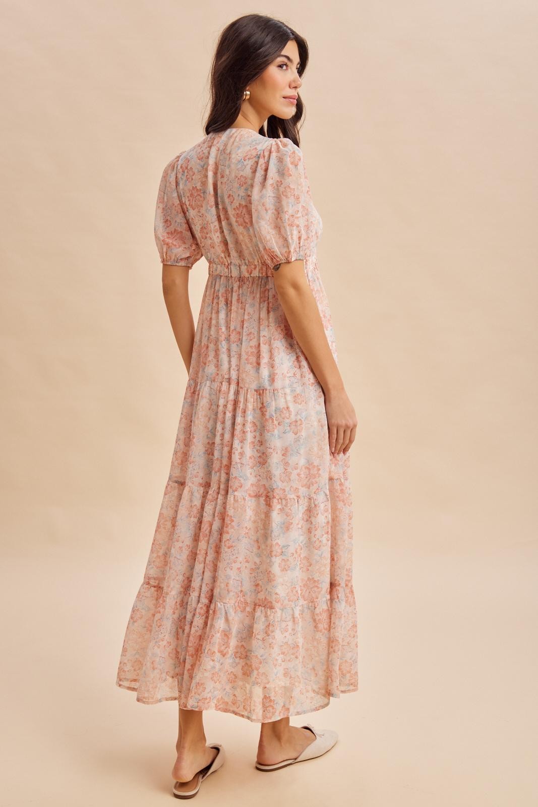 Coral Floral Button Down Front TieMaxi Dress