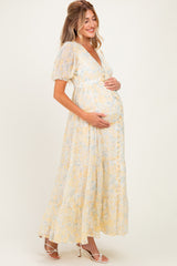 Daffodil Floral Button Down Front Tie Maternity Maxi Dress