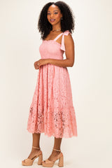 Pink Ribbon Strap Smocked Lace Midi Dress